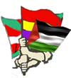 Ikurriña, bandera republicana y bandera palestina cogidas por una mano